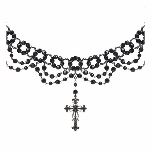 Collier perles gothique avec pendentif croix noir,Farfouil en fÃªte,Bijoux