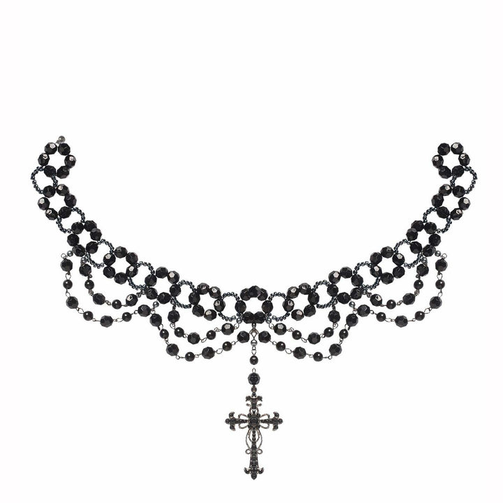 Collier perles gothique avec pendentif croix noir,Farfouil en fÃªte,Bijoux