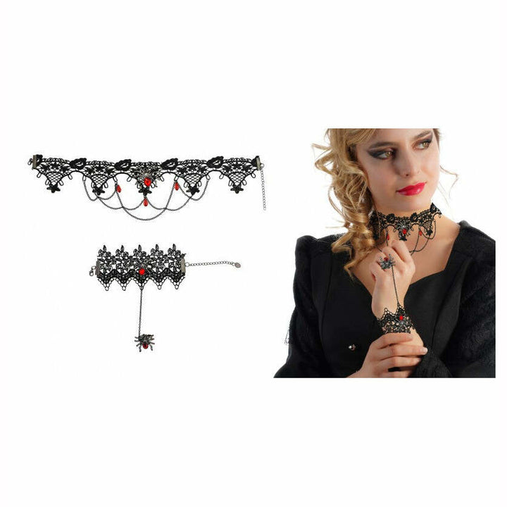 Set tour de cou + bracelet avec bague araignée noir et rouge,Farfouil en fÃªte,Bijoux